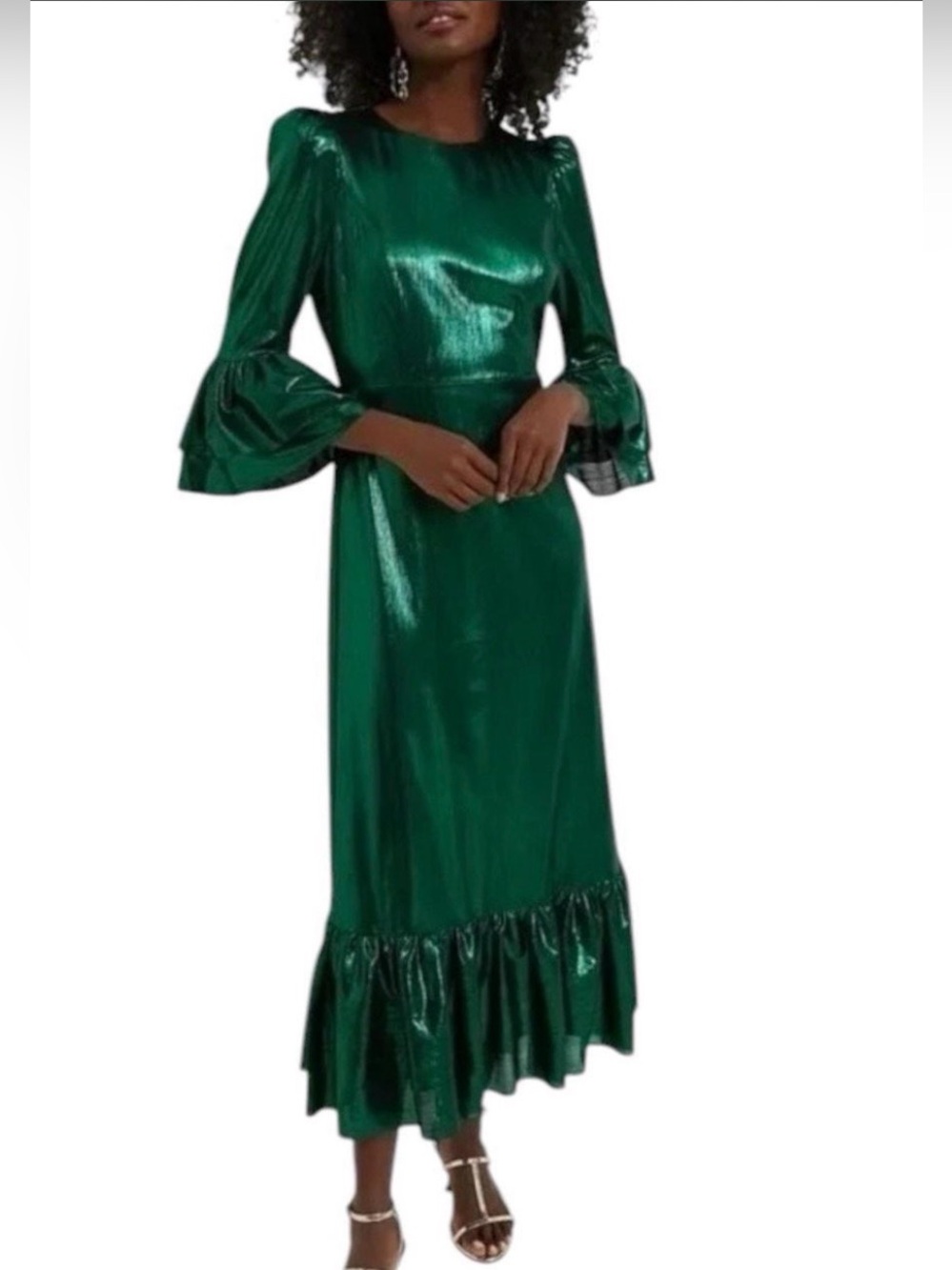 Pomander Place Metallic Emerald Green Maxi Dress with Ruffle Hem